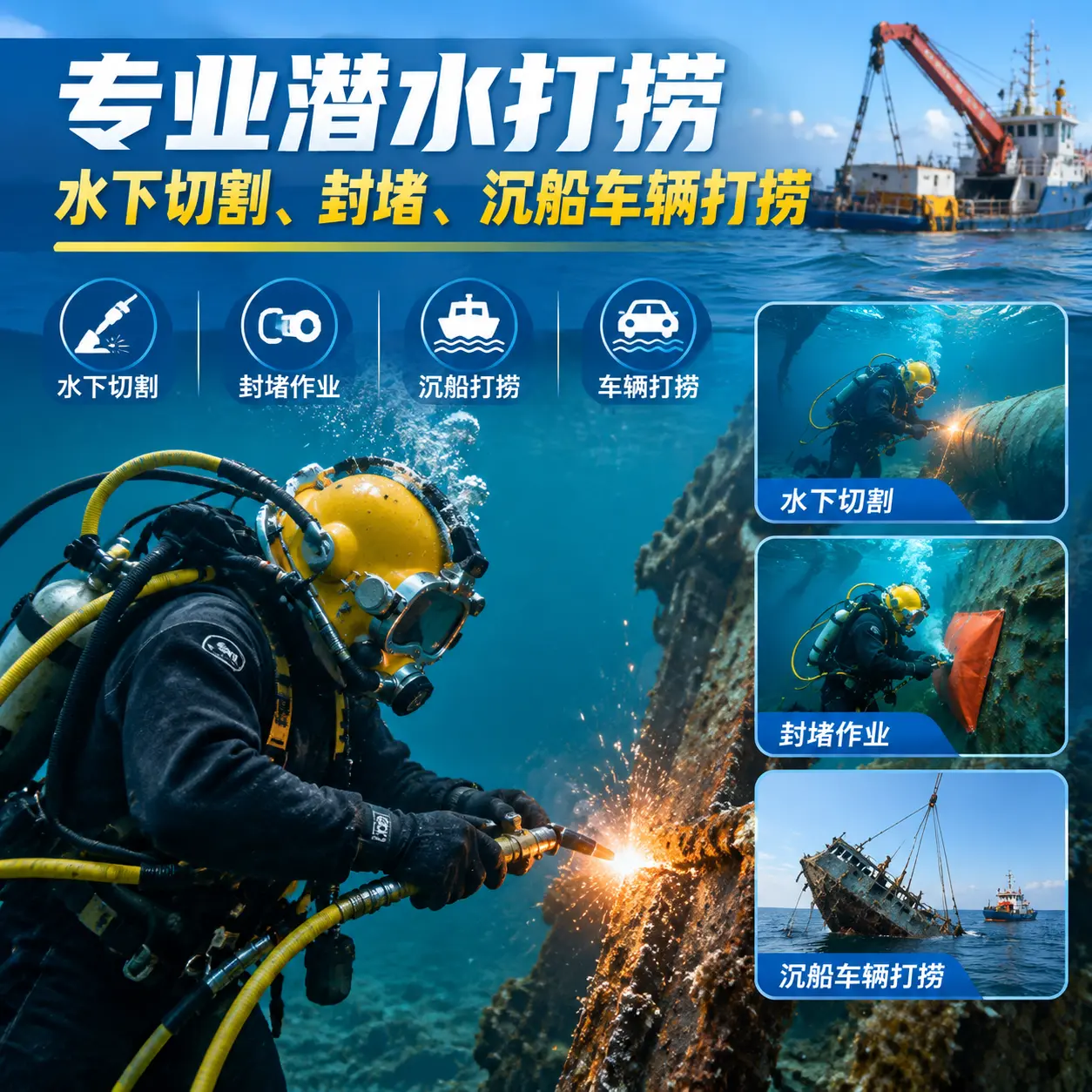 专业潜水打捞|水下切割、封堵、沉船车辆打捞岭东